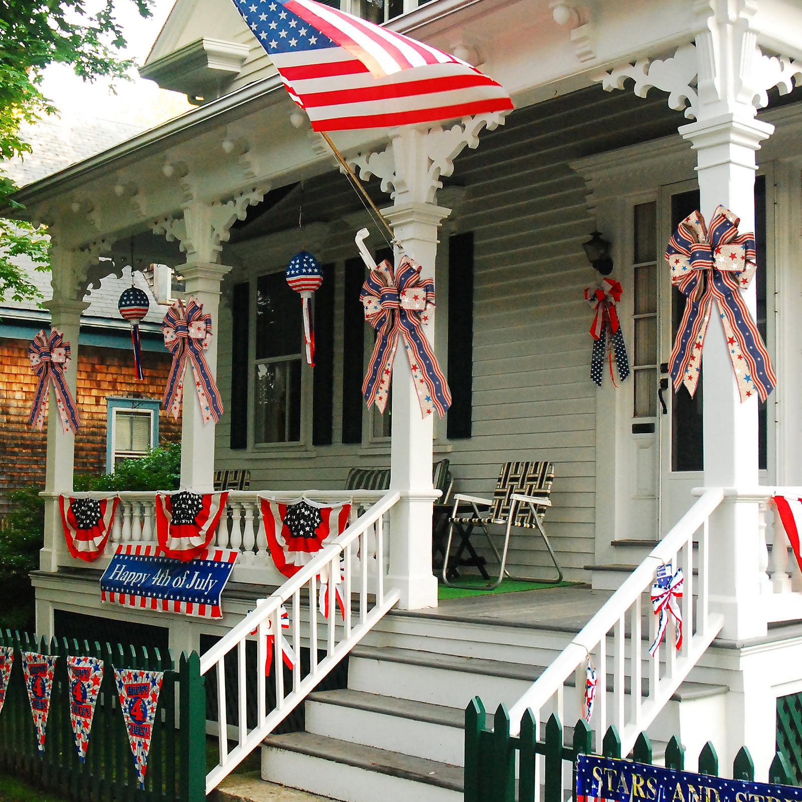Moucuny bow used on chair creating patriotic seating for outdoor party