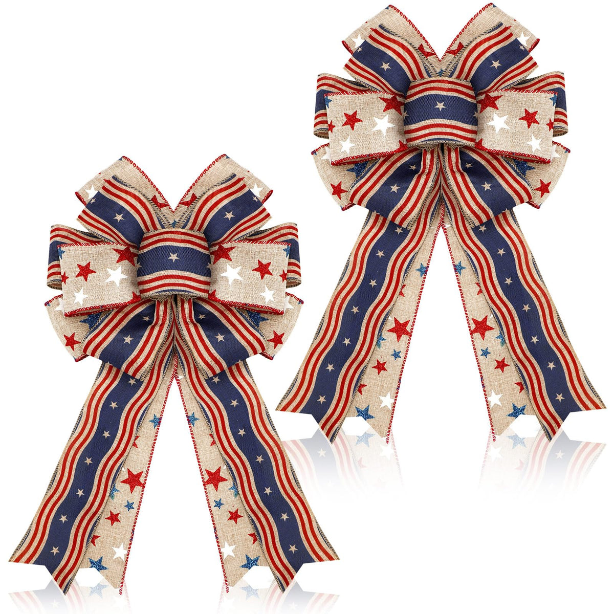 Moucuny bow on front door wreath showing bold patriotic welcome