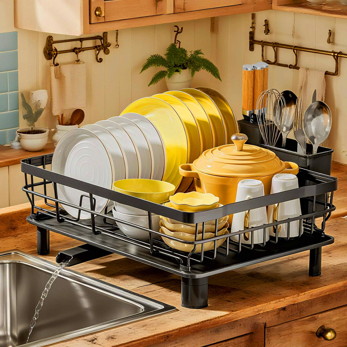 MOUKABAL front view showing full rack and organized dishes, keeps counters tidy