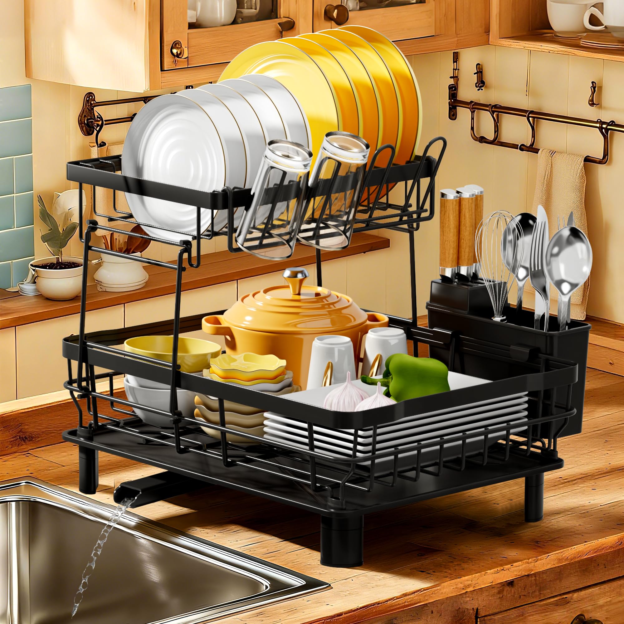 MOUKABAL front view of two-tier rack showing organized dishes and tidy countertop