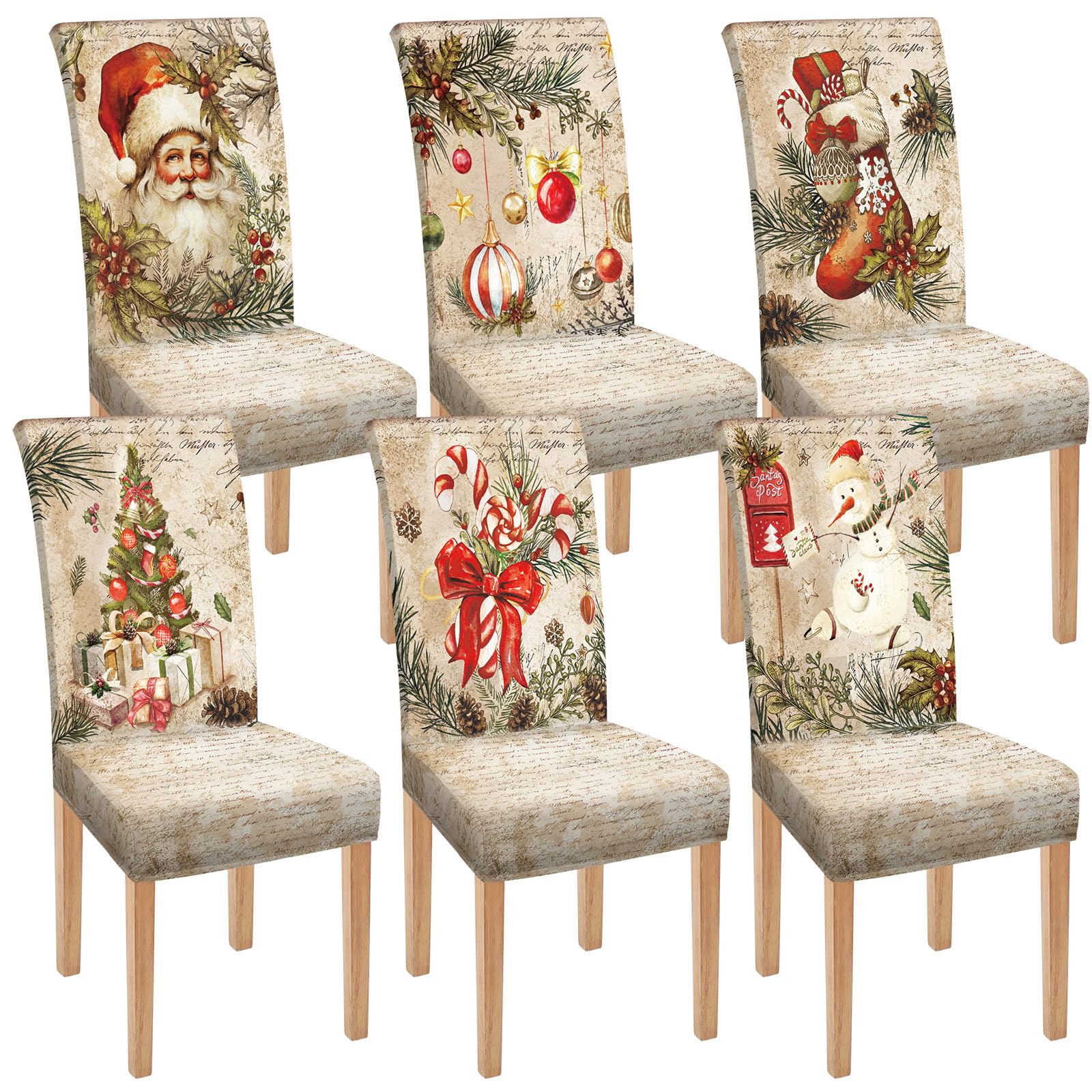 Moukeren front view of six holiday chair covers showing varied vintage designs and festive appeal