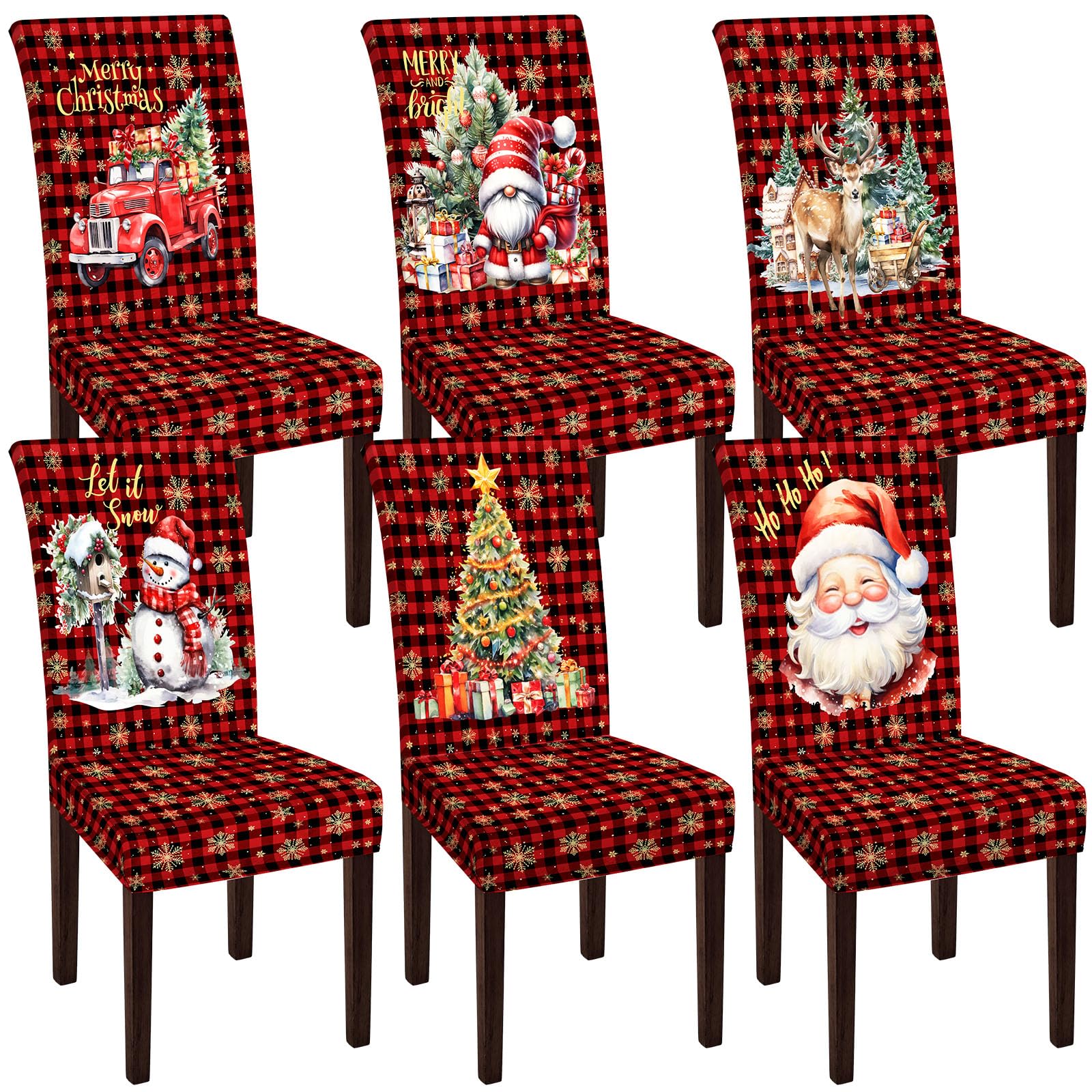 Moukeren front view of six plaid chair covers showing pack and patterns, decorative appeal