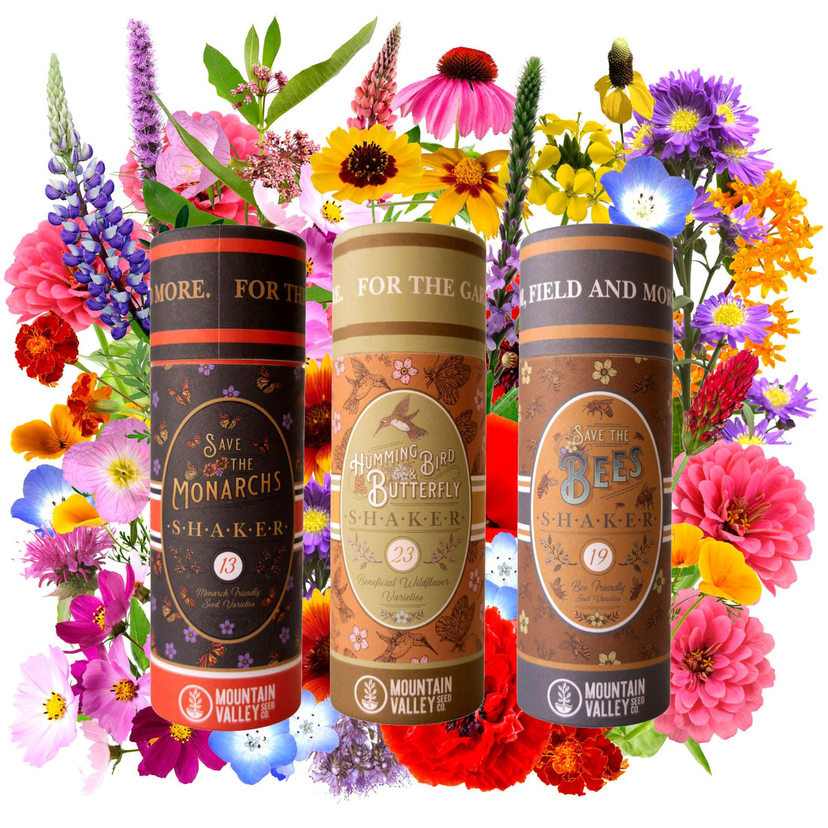 Mountain Valley Seed Company front packaging showing three shaker tubes and benefits