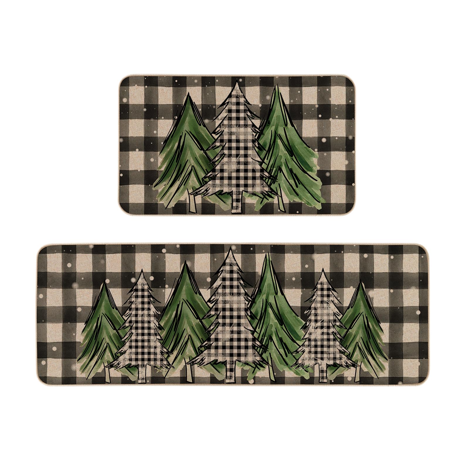 Moutina front view of buffalo plaid Merry Christmas tree mats showing festive welcome benefit