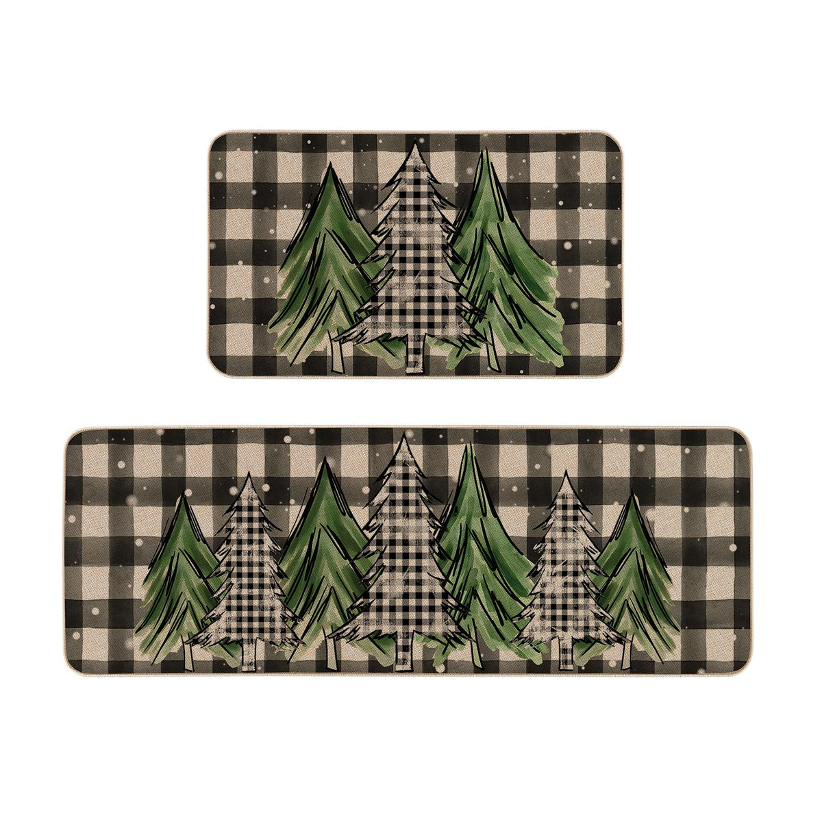 Moutina front view of buffalo plaid Merry Christmas tree mats showing festive welcome benefit