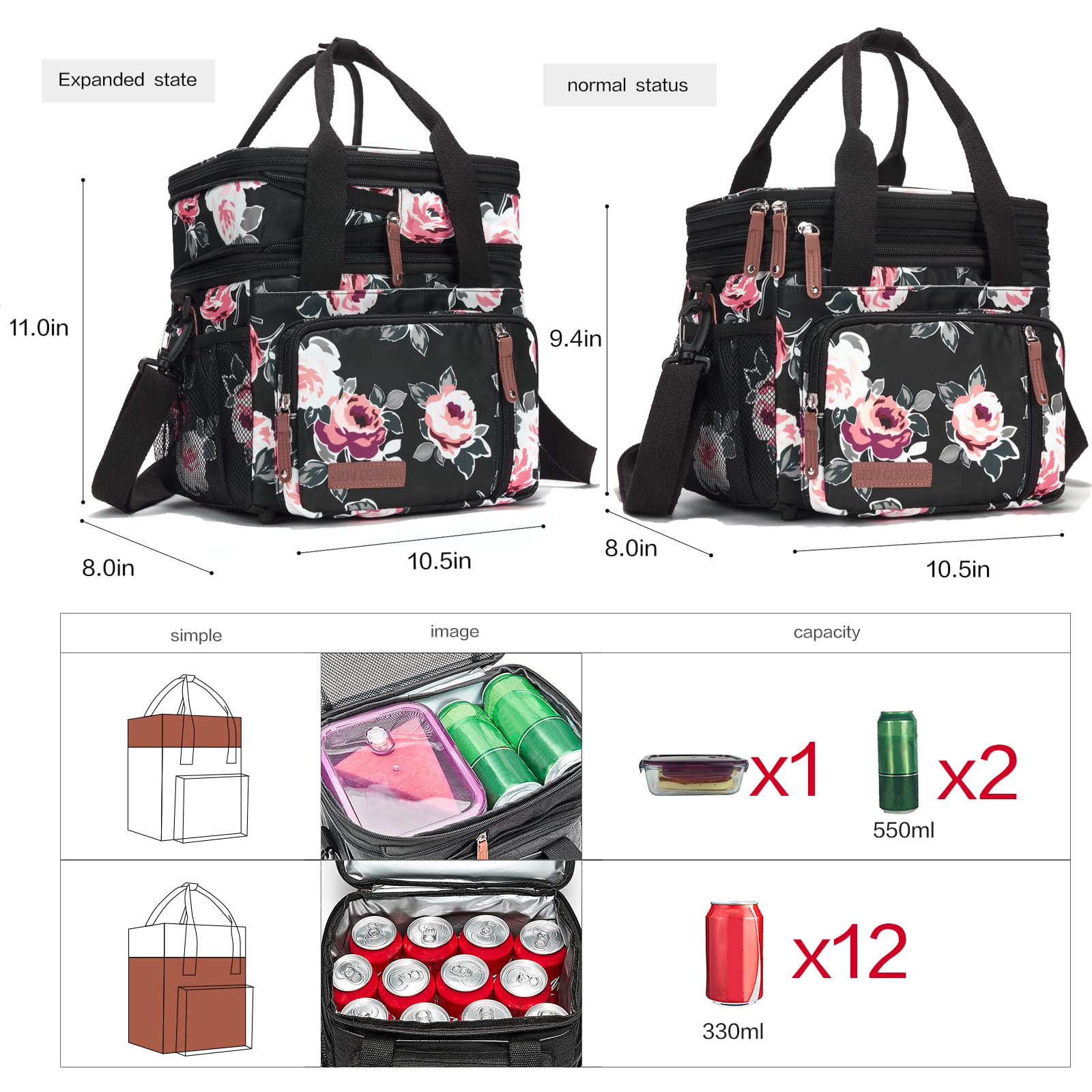 MOV COMPRA expanded top open showing extra carrying space and organizer