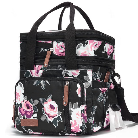 MOV COMPRA front view showing floral print and secure zipper, stylish protection