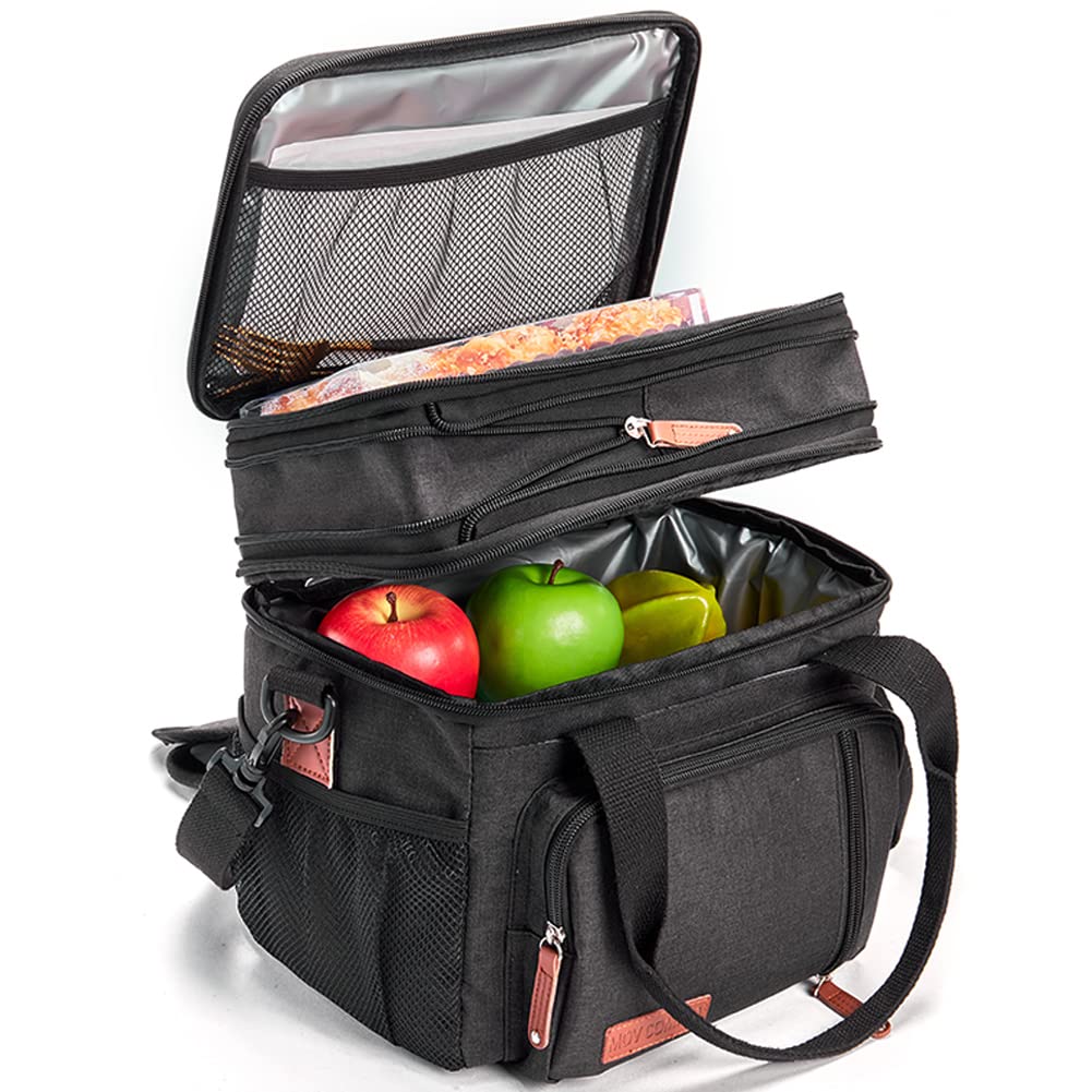 MOV COMPRA front view of lunch bag showing sleek black design and carry handle benefit