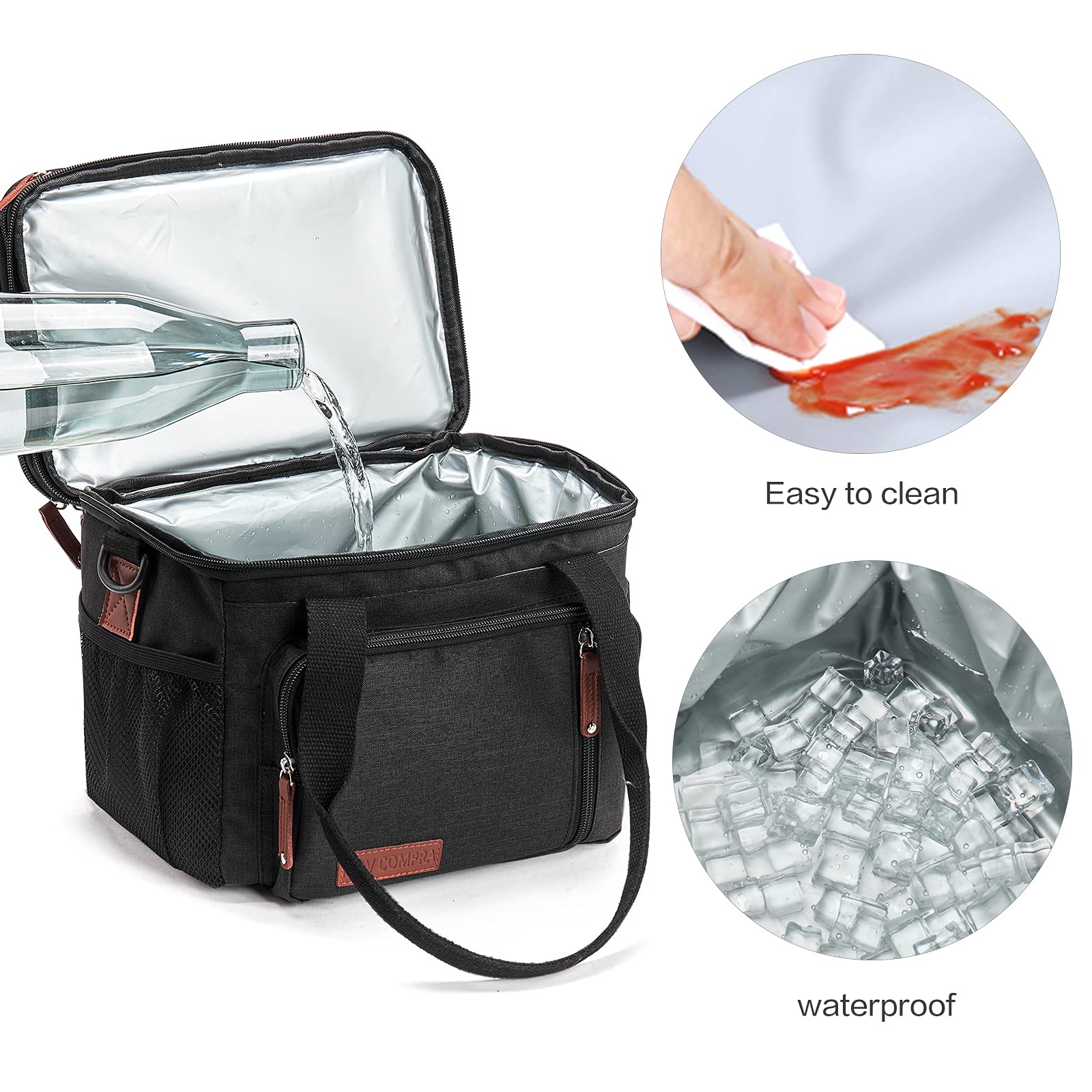 MOV COMPRA insulated PEVA liner close-up showing leakproof easy-clean interior benefit