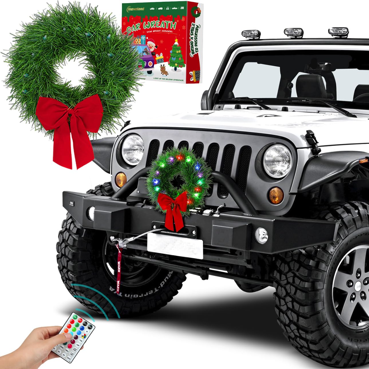 moveland wreath on car grill showing festive look and easy fit