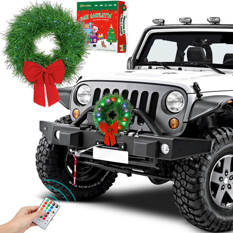 moveland wreath on car grill showing festive look and easy fit