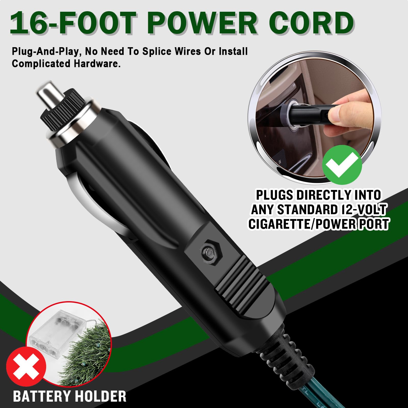 moveland wreath 16-foot cord and 12V plug showing simple power connection