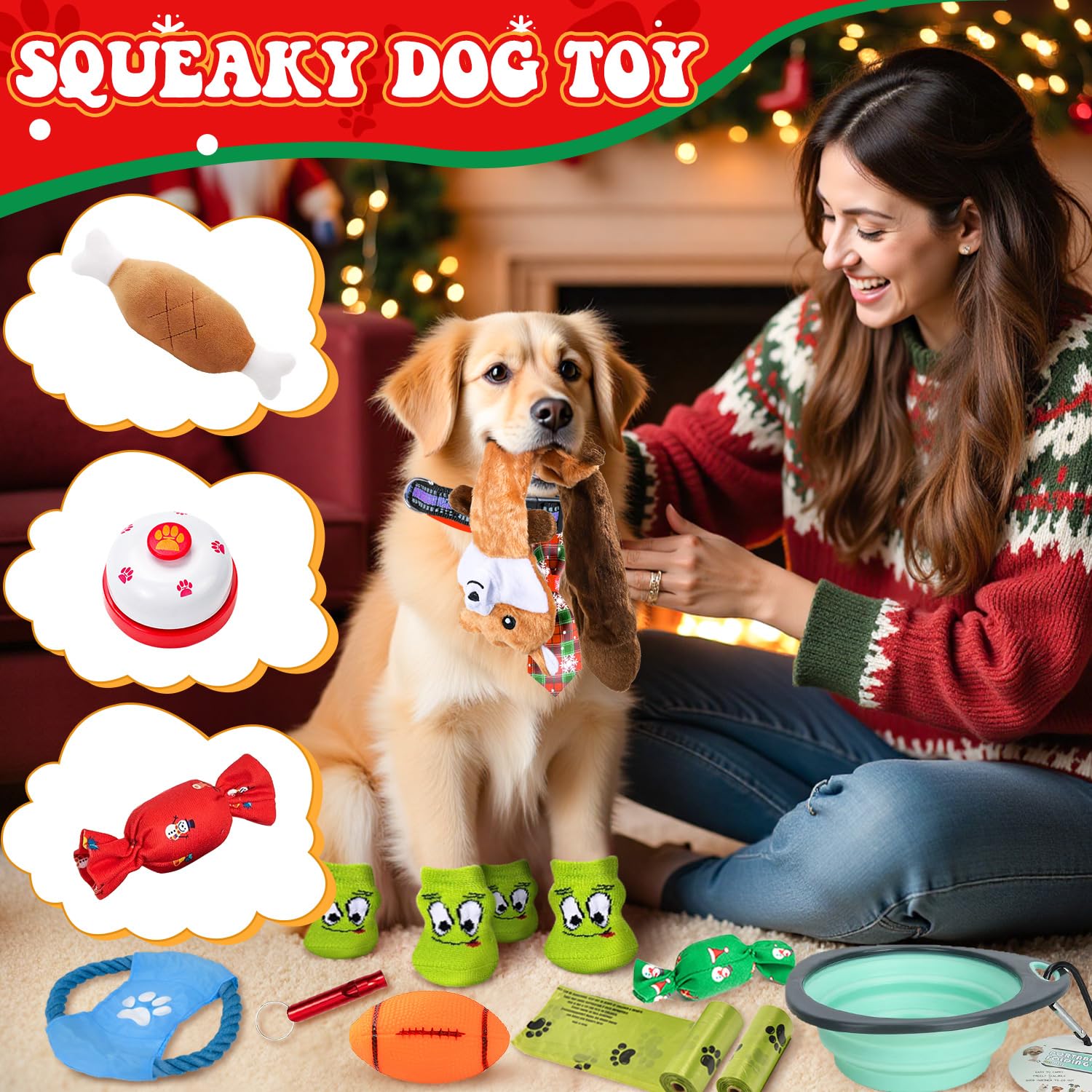 MOVINPE pet socks and festive collar laid out, add seasonal flair and comfort