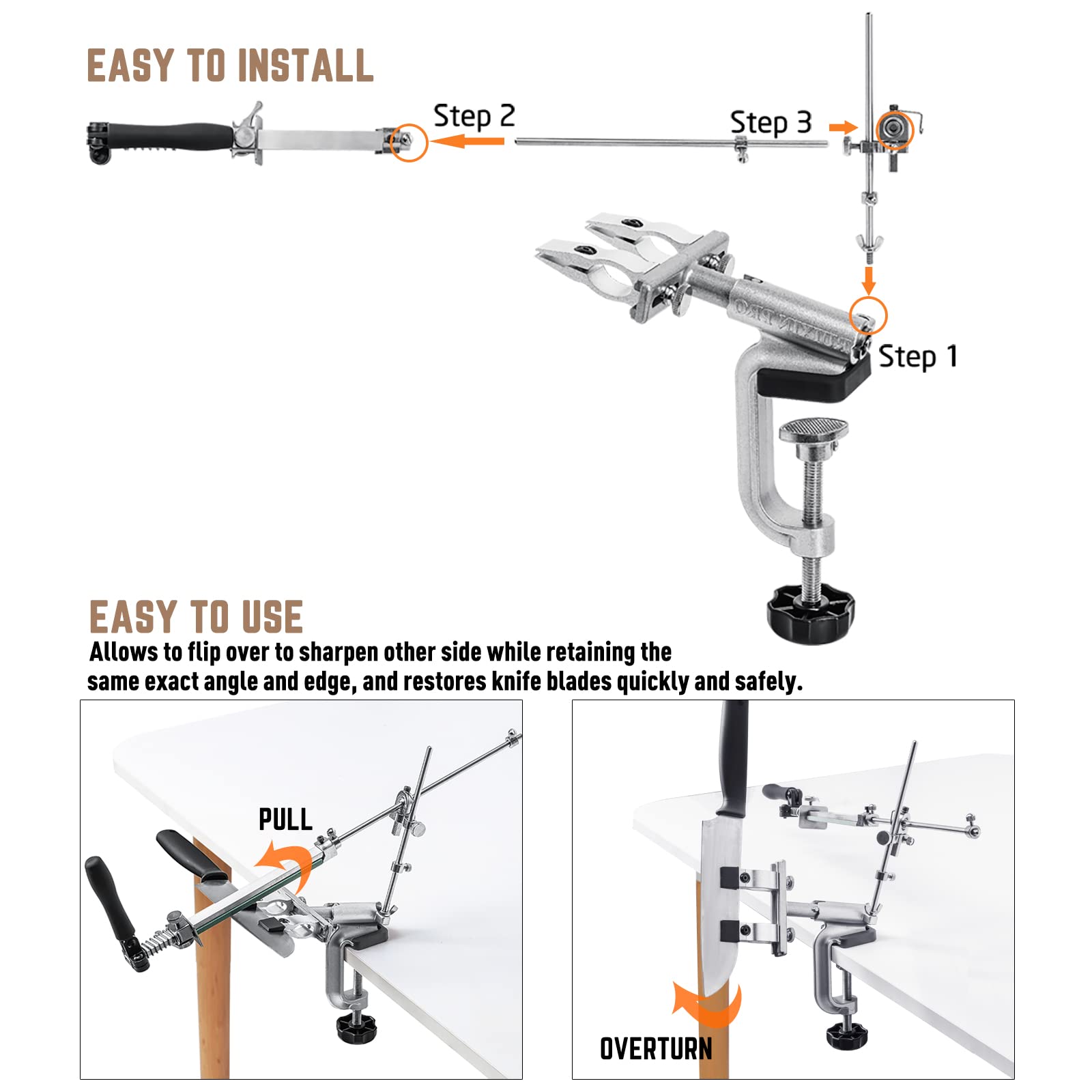 MOVIRON 360° flip action illustrating reversible fixture for consistent dual-side sharpening
