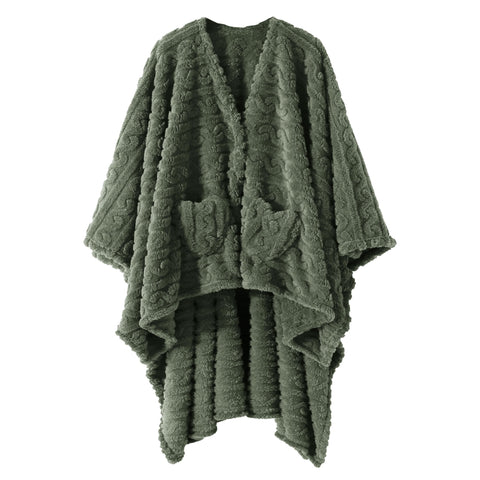 Mowkim front view green shawl showing full coverage and cozy look