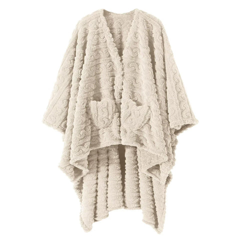 Mowkim front view of ivory wearable shawl blanket showing full coverage and style