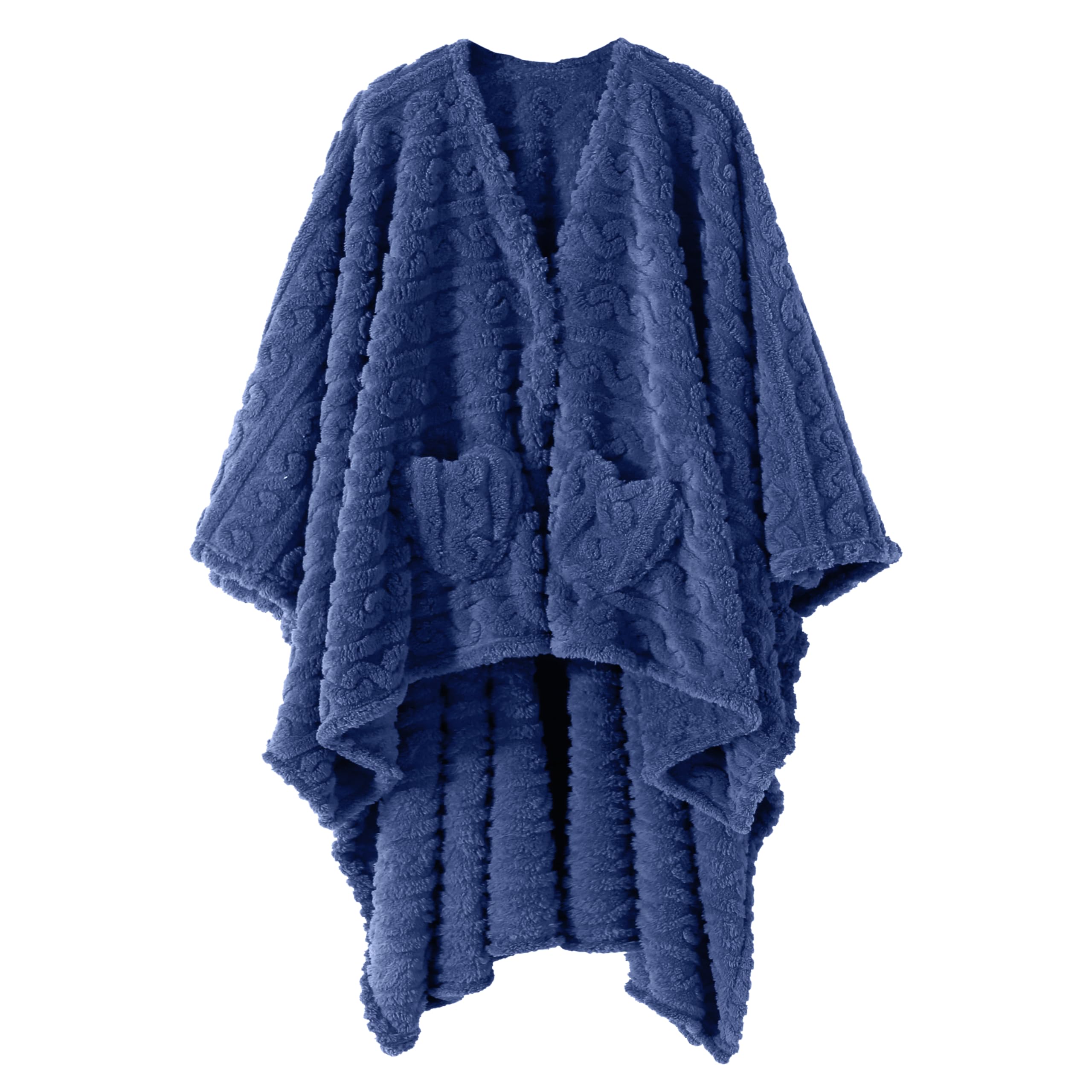 Mowkim front view shawl blanket showing full dusty blue coverage and comfort