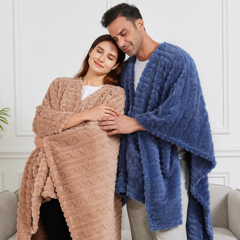 Mowkim worn on sofa illustrating hands-free warmth while watching TV