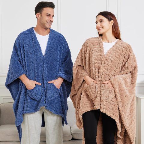 Mowkim worn on sofa lifestyle showing hands-free warmth while watching TV