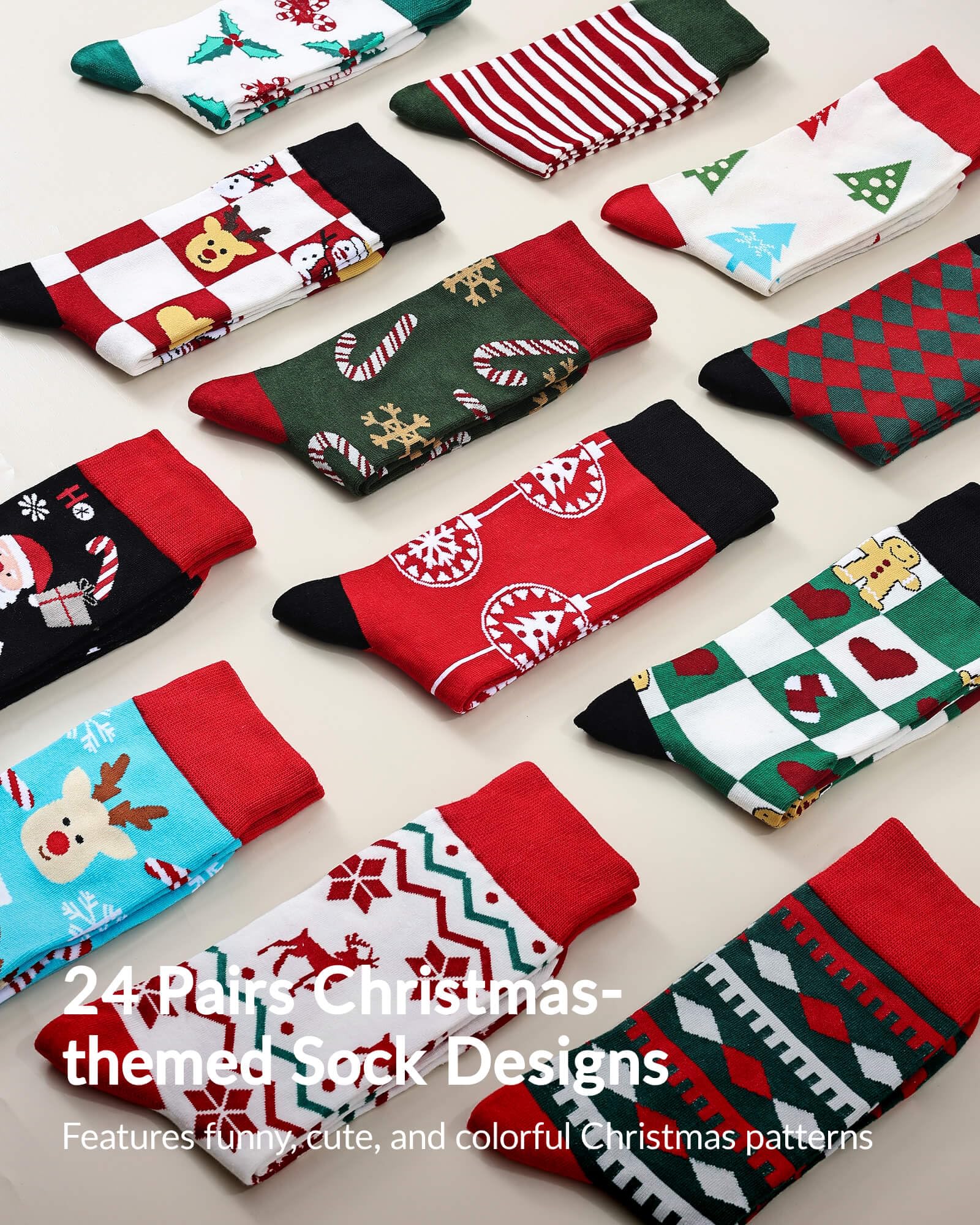 Moyel close-up of different sock patterns showing playful holiday designs