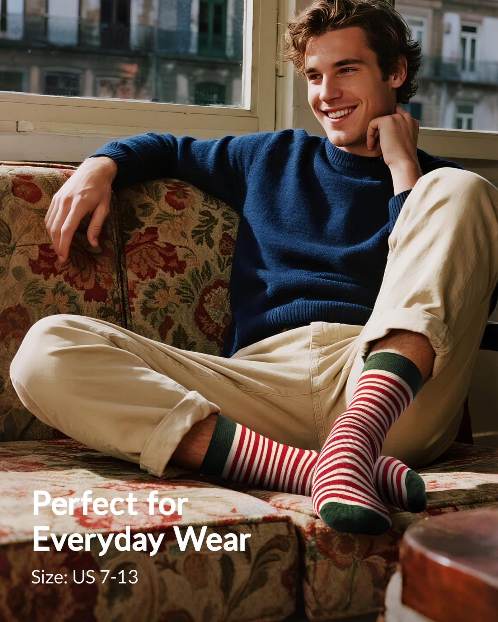 Moyel socks worn with jeans in a casual holiday setting adding festive flair