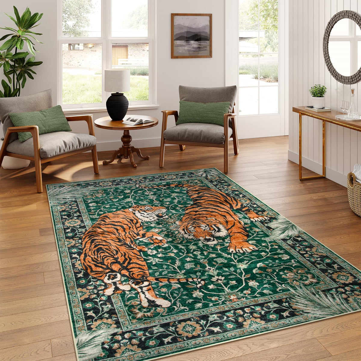 Moynesa front view showing green tiger print and boho design benefit: stylish focal point