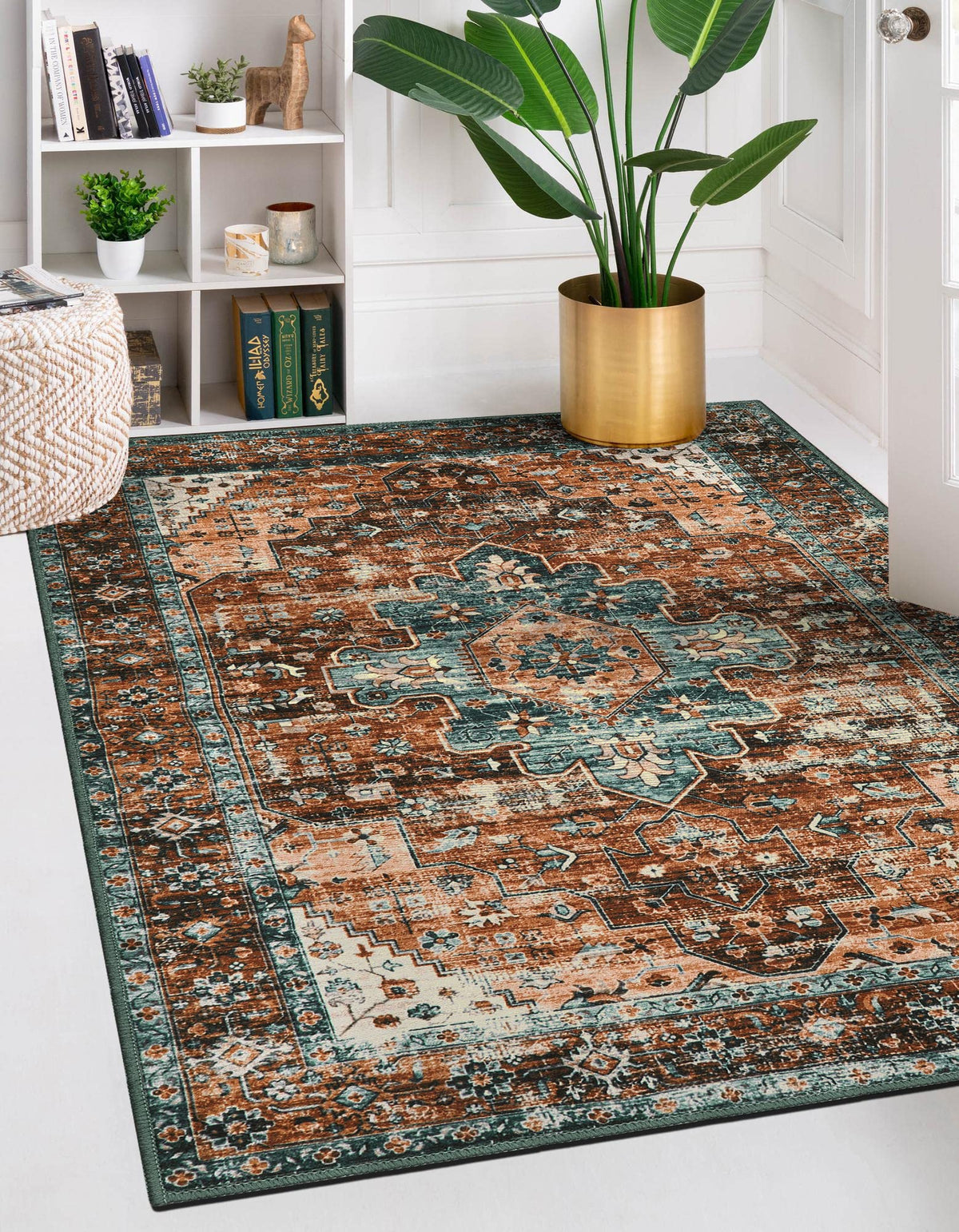 Moynesa front view of 5x7 vintage rug showing medallion and color contrast for room style
