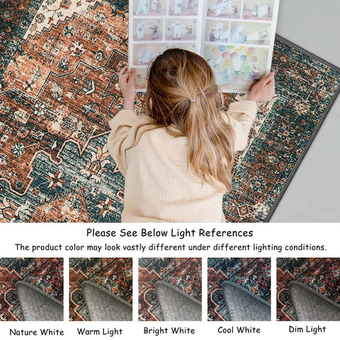 Moynesa rug in living room lifestyle scene anchoring sofa with warm brick-red tones