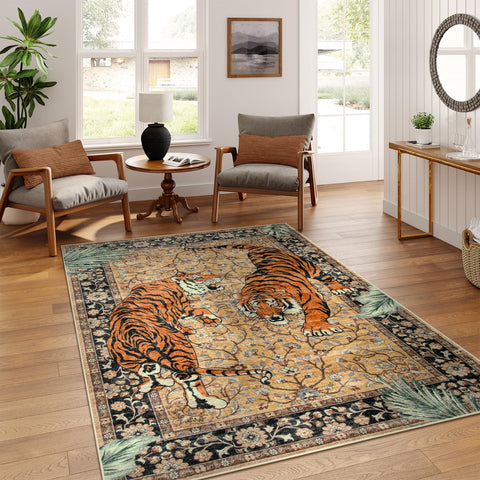 Moynesa front view of camel tiger rug showing pattern and color benefit adds warmth