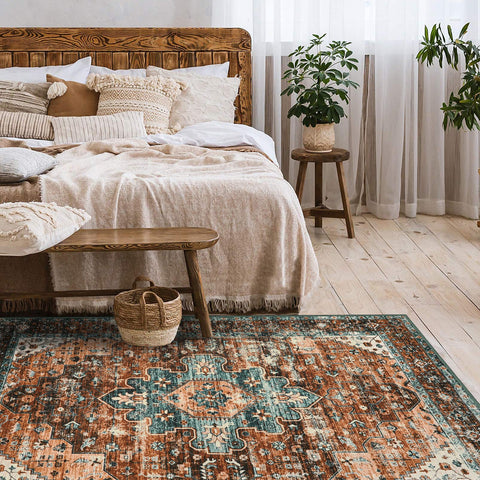 Moynesa 5x7 rug under bed scale showing low-profile fit and clearance for doors