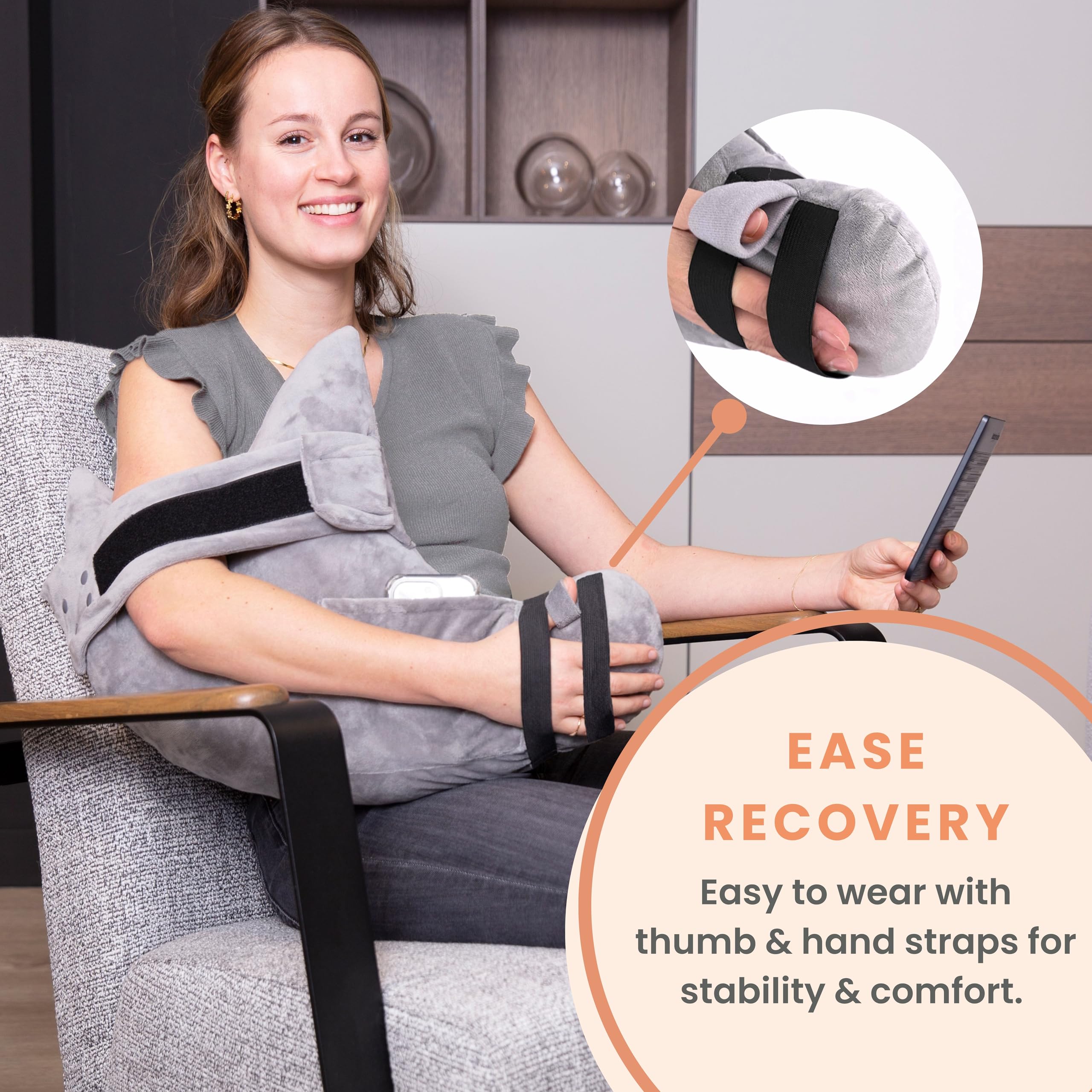 MOYOAMA in use seated on couch showing stable shoulder elevation