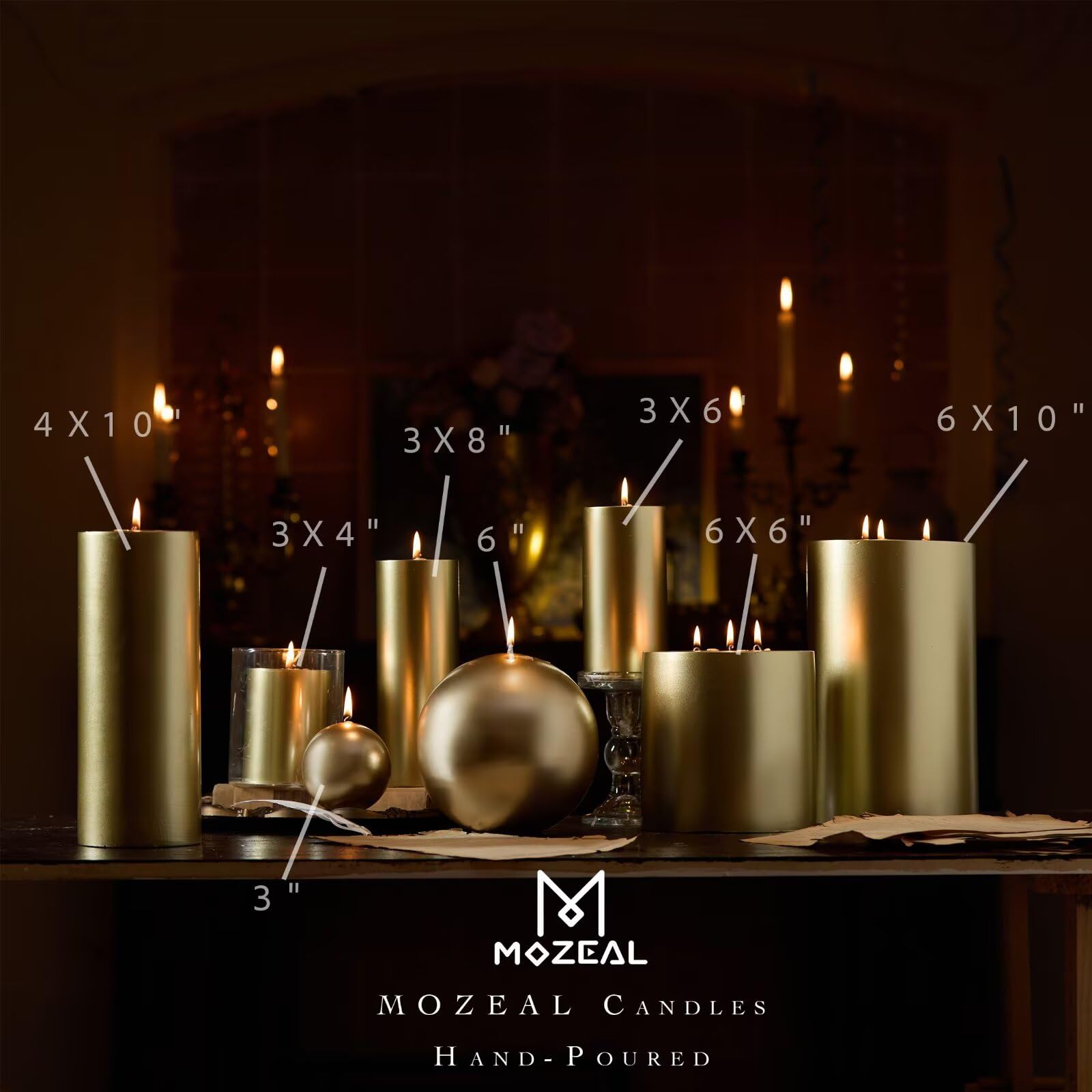 MOZEAL lit pillar candle on a dinner table, creates clean unscented ambient lighting