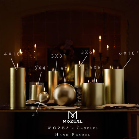 MOZEAL lit pillar candle on a dinner table, creates clean unscented ambient lighting