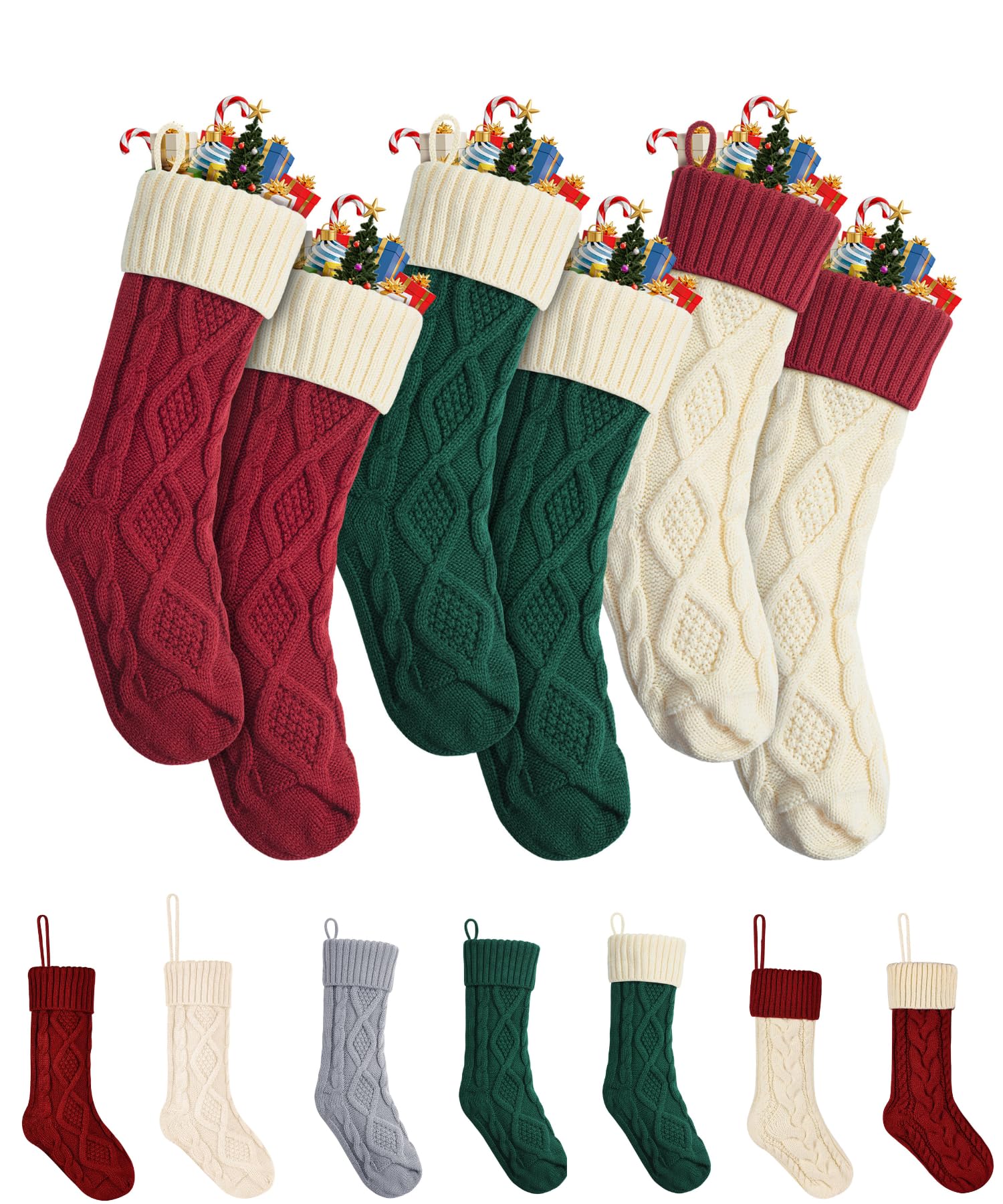 Mr. Pen front view of six stockings showing festive set and easy mantel decoration