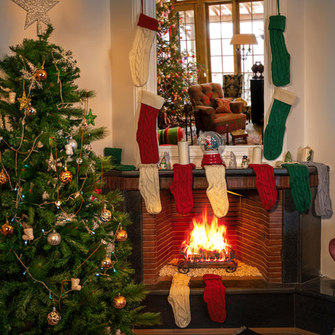 Mr. Pen stockings styled on a staircase illustrating festive decor and family-ready use