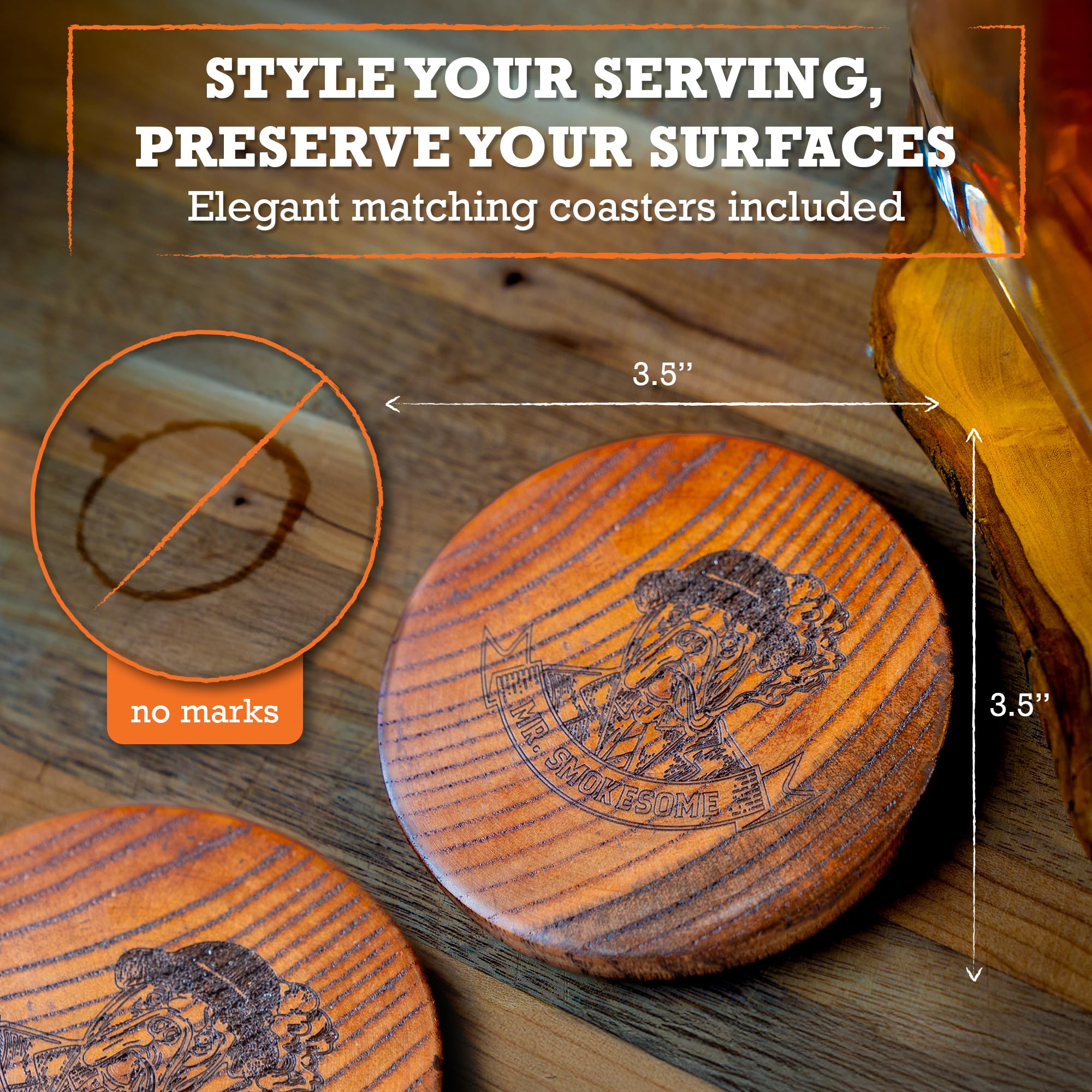 MR. SMOKESOME coaster and glass detail protecting surfaces with rustic style