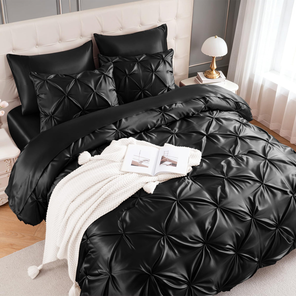 MR&HM satin comforter front view showing elegant black finish and polished look