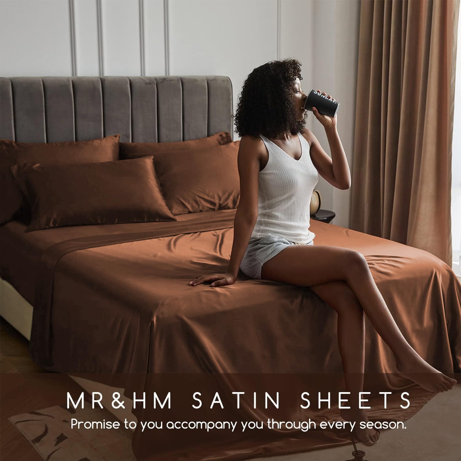 MR&HM lifestyle bedroom scene with brown sheets showing elegant look and restful atmosphere