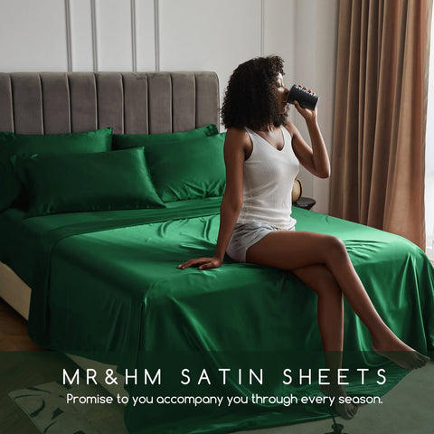 MR&HM bedroom lifestyle with dark green sheets, conveys elegant look and comfort