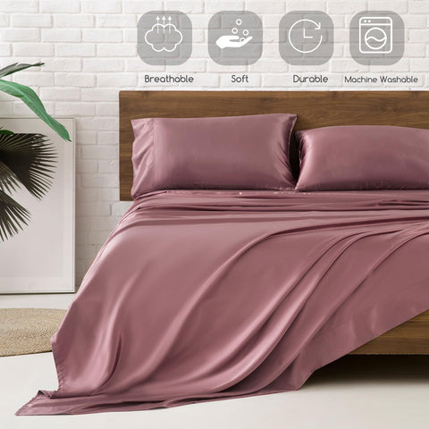 MR&HM rose taupe sheets on a styled bedroom, adds elegant visual comfort