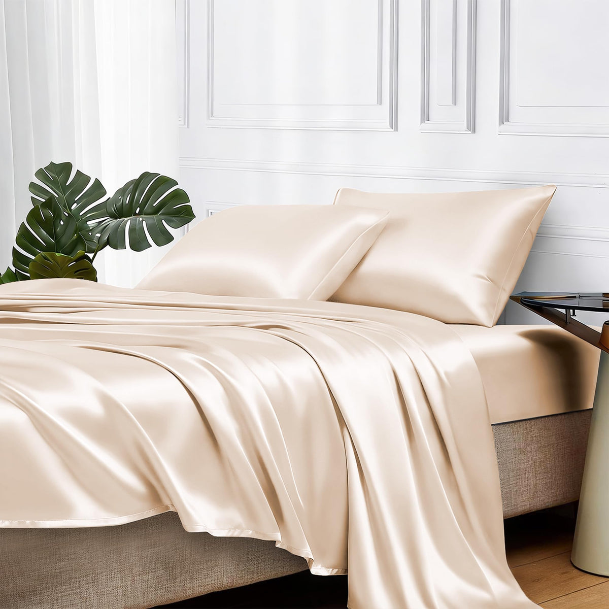 MR&HM beige queen sheet set front view showing neat fit and color