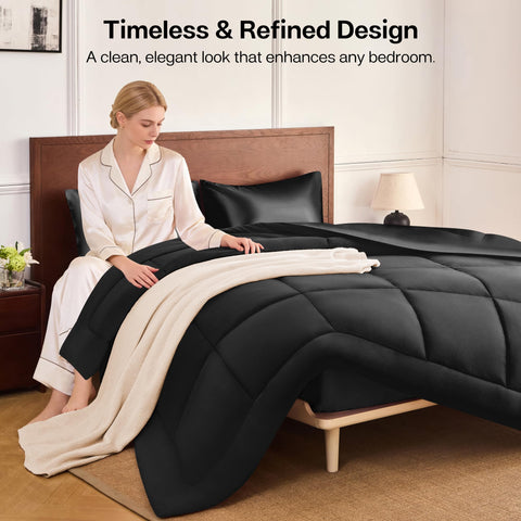 MR&HM comforter styled in a bedroom showing polished decor and comfortable feel