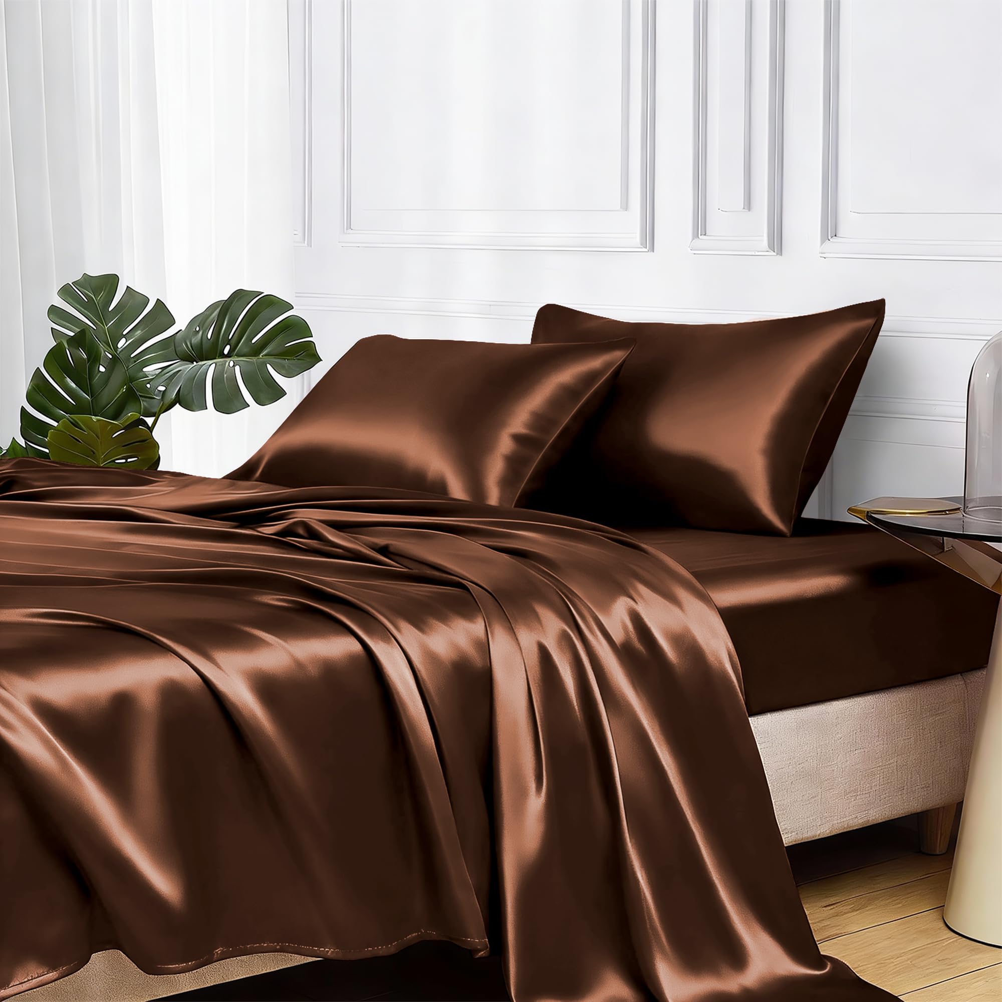 MR&HM front view of queen satin sheet set showing package and color, highlights ease of use