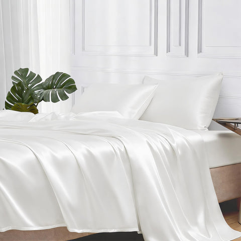 MR&HM queen sheet set front view showing ivory bedding and neat presentation, promotes elegant comfort