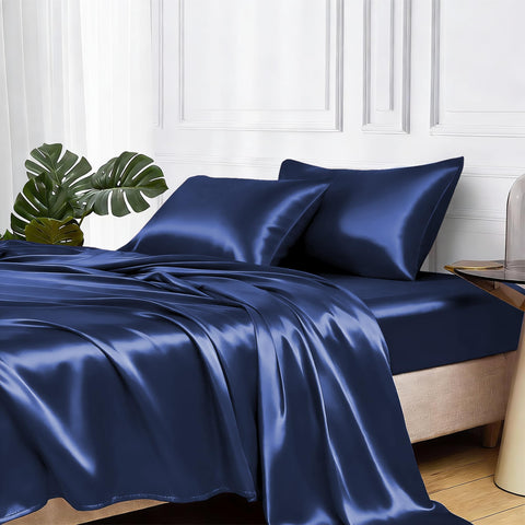 MR&HM front packaging of navy satin queen set showing complete contents and benefit of easy setup