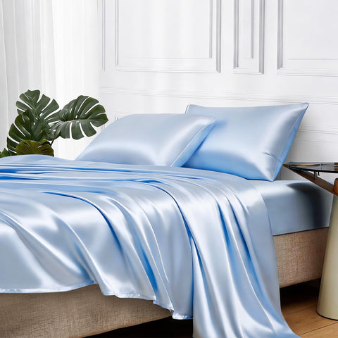 MR&HM front packaging of light blue satin queen set shows contents and luxury look