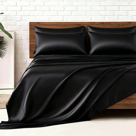 MR&HM satin queen front packaging showing complete six-piece set and elegant black color