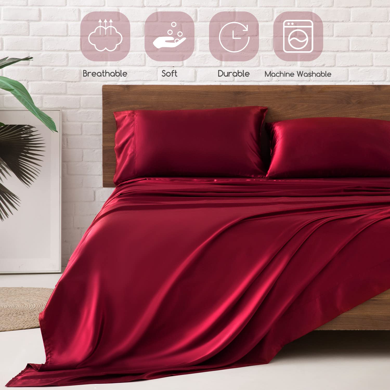 MR&HM bedroom styling with burgundy sheets showing elegant aesthetic