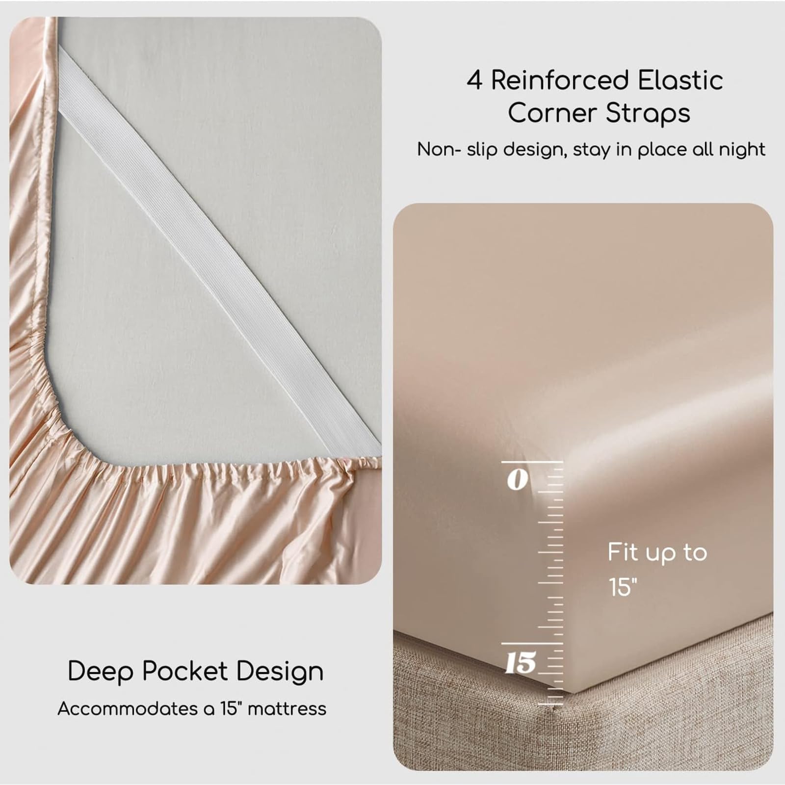 MR&HM elastic corner strap securing fitted sheet in place for no-slip nights