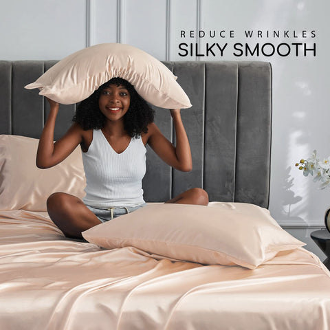 MR&HM pillowcases close-up highlighting smooth satin surface for hair protection